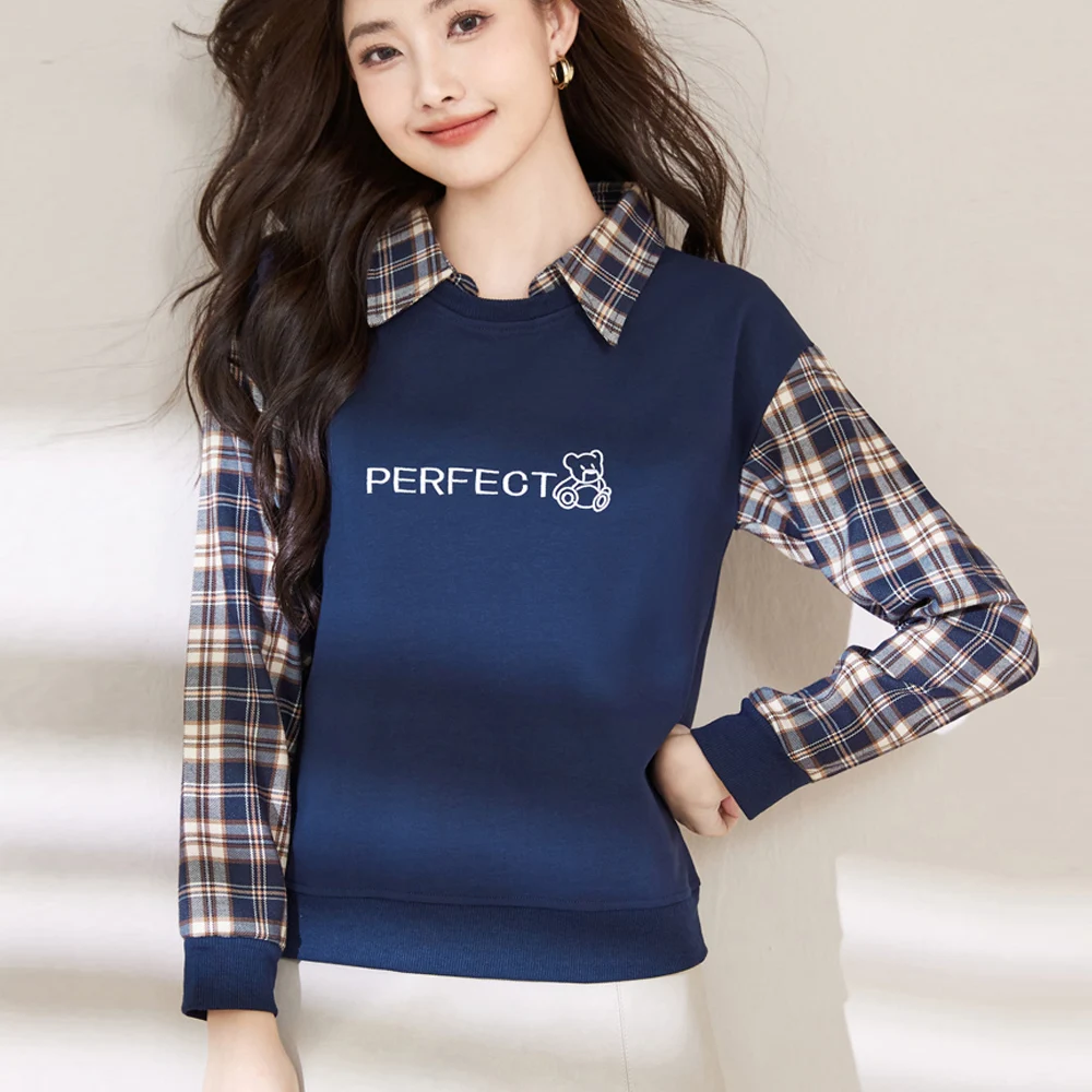 

Женская осенняя футболка с длинными рукавами и воротником, элитная мода, большие размеры, клетчатый искусственный повседневный топ из двух частей с цветными блоками