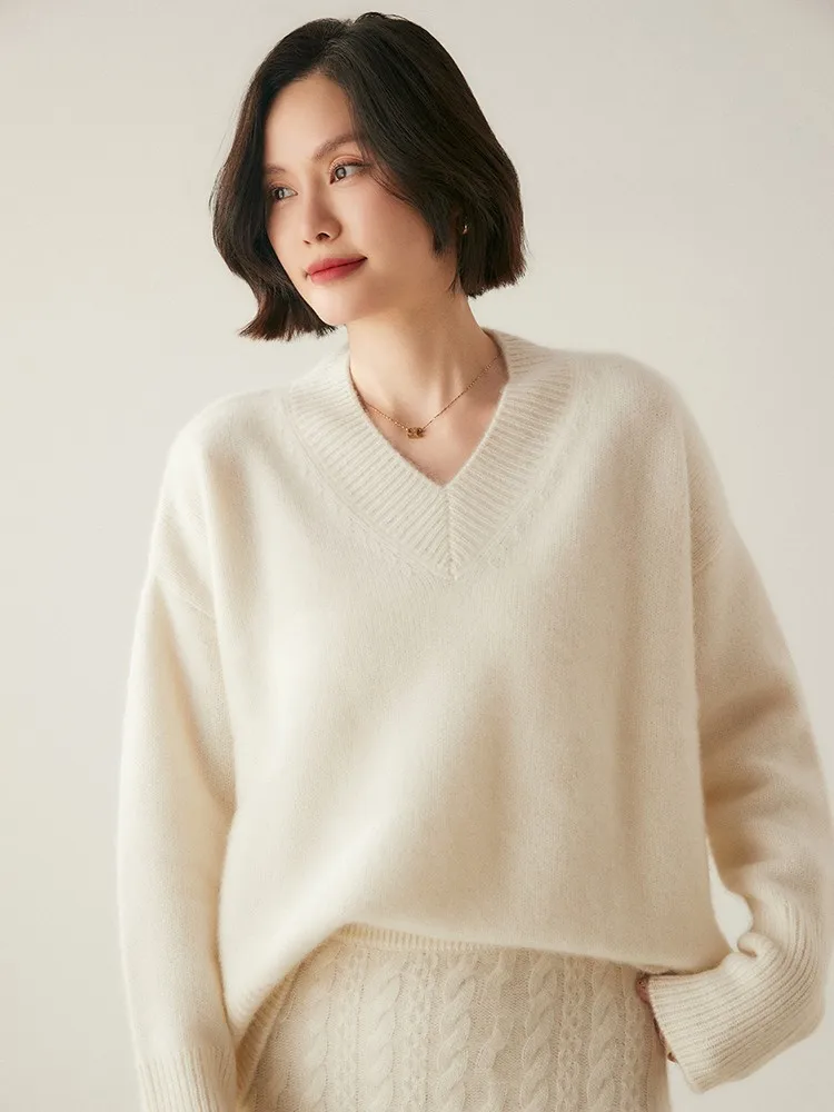 Pull basique à manches longues et col en v pour femme, vêtement ample en cachemire, épais et chaud, de haute qualité, automne-hiver, 100%