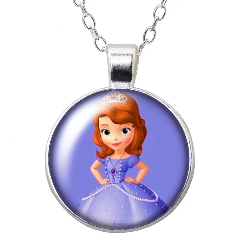 Disney Princess Sofia purple Girls Cartoon Round Photo Glass cabochon silver plated pendant necklace jewelry Gift