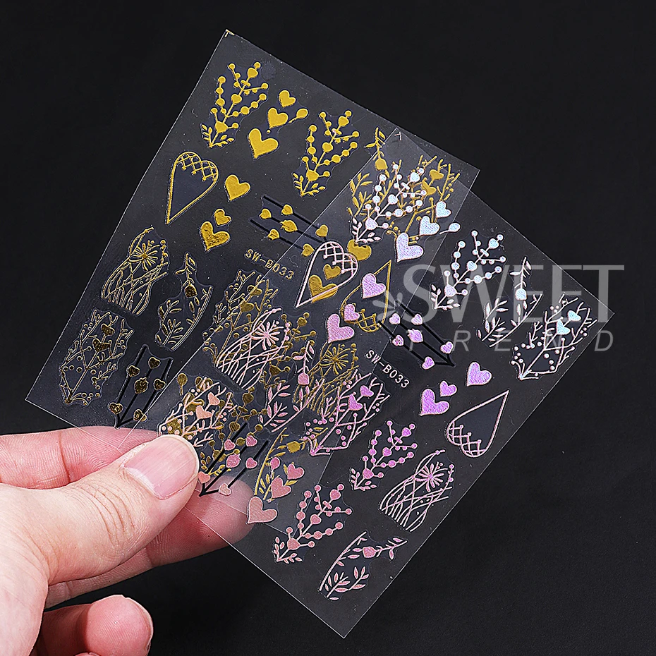 2 uds flores bronceadas pegatinas para decoración de uñas Metal de lujo pétalos de corazón dorados línea de vid geometría calcomanías para uñas decoración de manicura deslizador