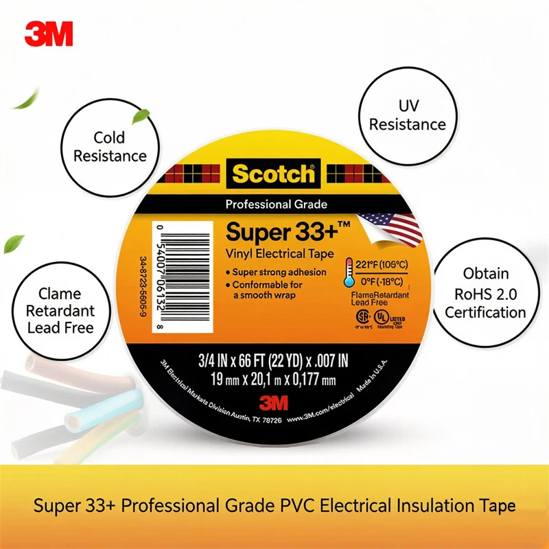 3M Scotch Super 33+ Vinyl Electrical Tape 19mm x 20.1m 7Mil Black PVC Insulation Tape for Wire Cable Splice Original