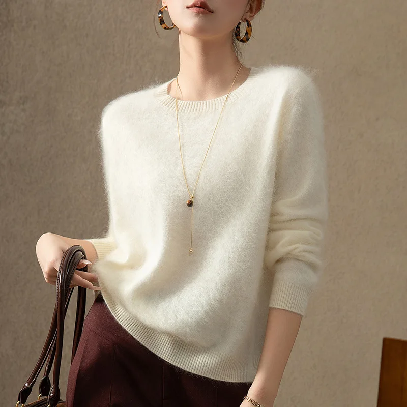 

% Cashmere Sweater Women, Round Neck, Brushed Knit, Loose Pullover Base Shirt