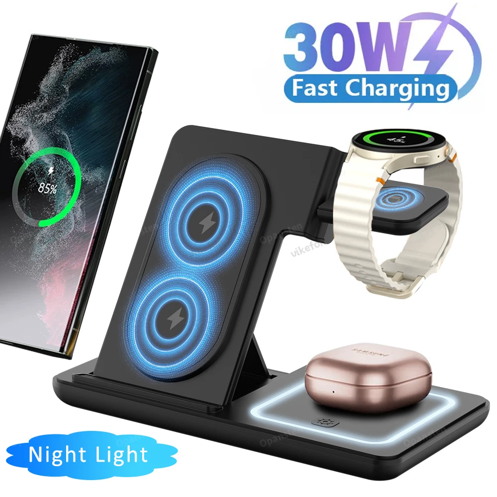 Supporto per caricabatterie wireless pieghevole con luce LED 3 in 1 per Samsung S24 S23 Galaxy Watch 2-8 Active 1 2 Buds Pro Stazione di ricarica rapida
