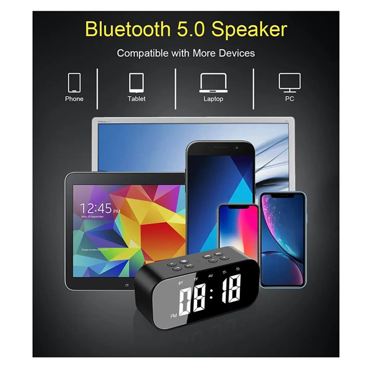 Alarm Clock with Bluetooth Speaker Small Digital Clock for Heavy Sleepers Mirror LED Display