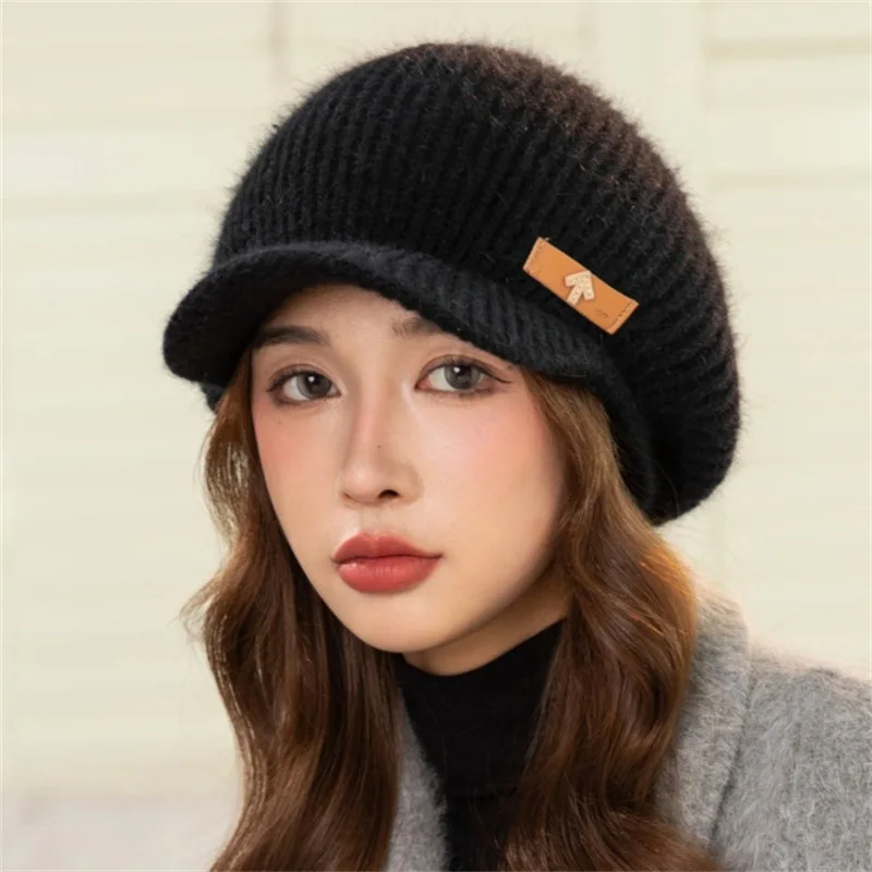 

Women's winter peaked cap with thickened fleece, new style warm cycling hat with ear protectors, knitted wool hat and beret.