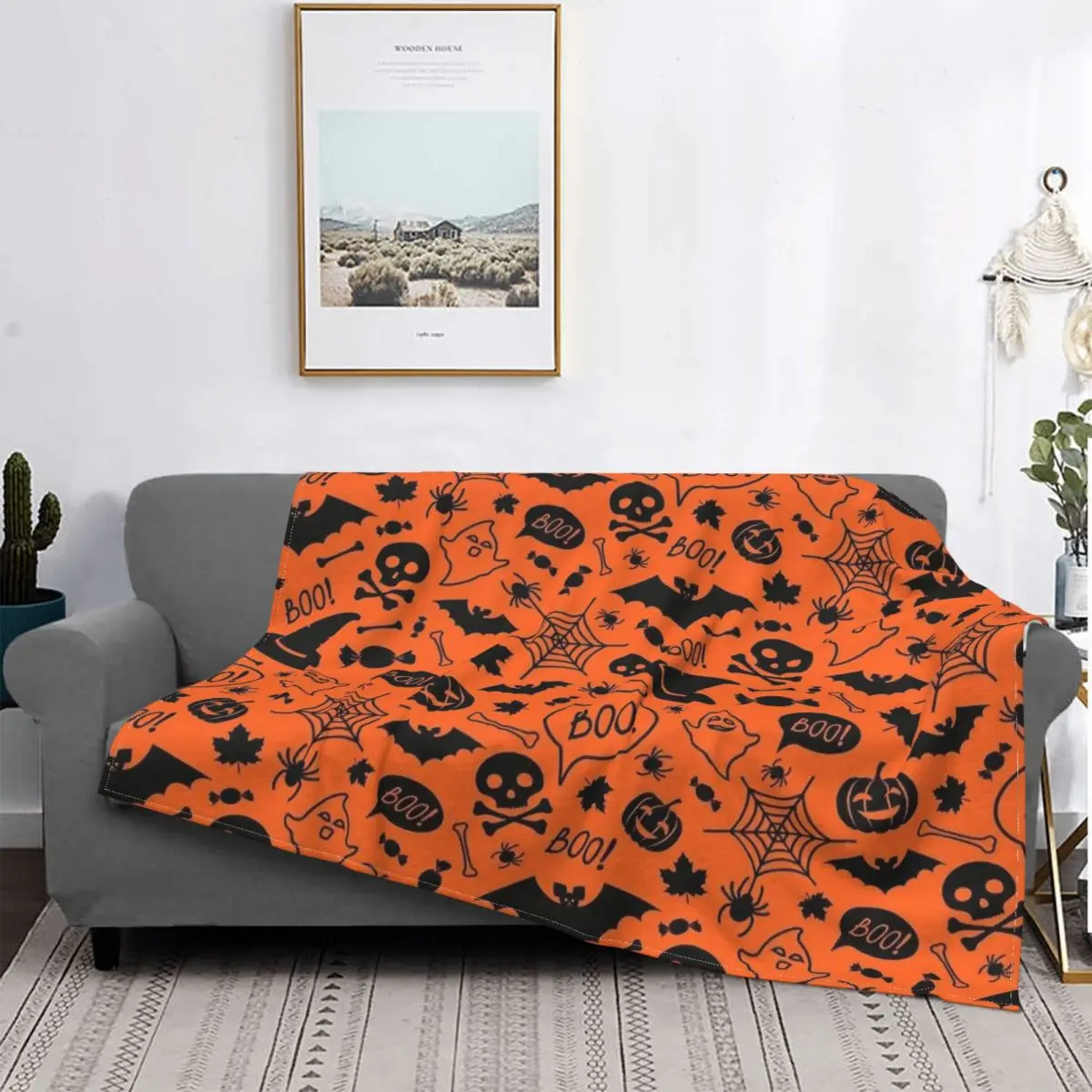 

Halloween Boo Cartoon Bat Pumpkin Blanket Fleece Printed Multifunction Warm Throw Blanket for Sofa Travel Plush Thin Quilt