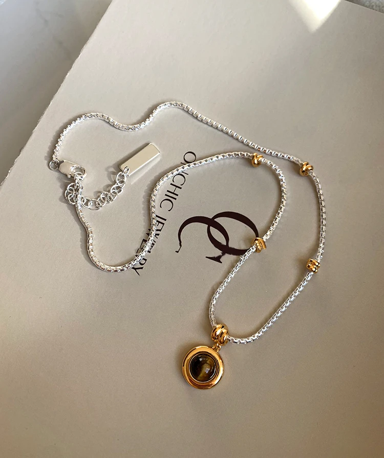 Gold- und Silberfarbene Kette, kreisförmiger Tigerauge-Stein-Anhänger, Halskette, luxuriöser Schmuck für Damen, sexy Schlüsselbein-Accessoires – Detail 10