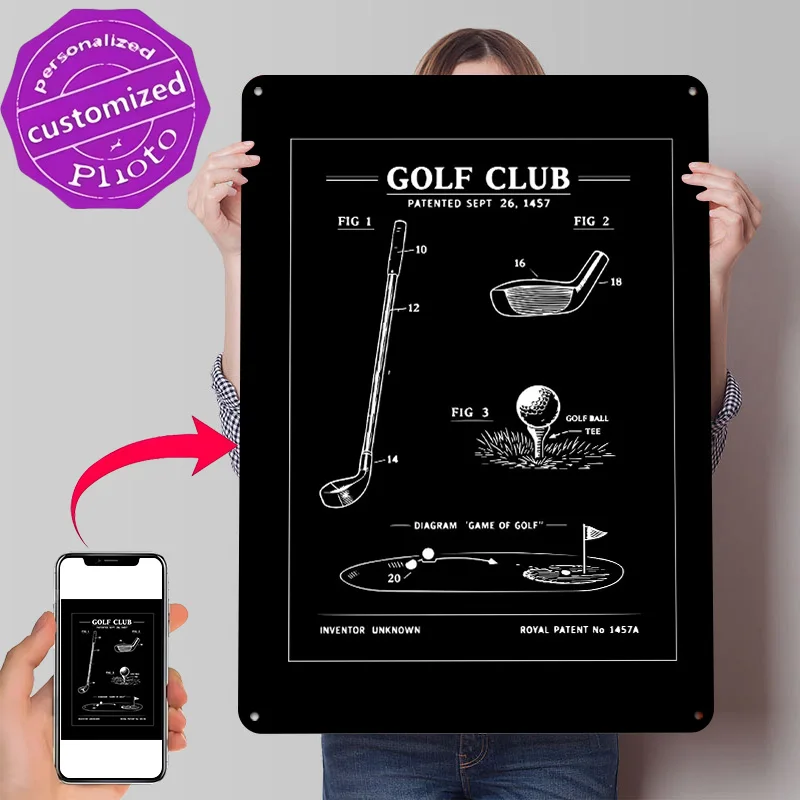 Vintage Golf Club Patent Drawing 3D Printed Texture Poster Personalized Wall Art Retro Metal Tin Signs for Home Decor Items Room
