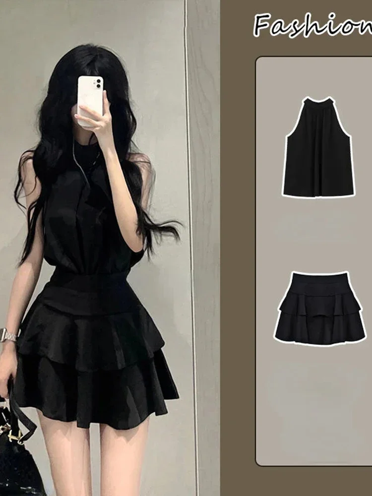 New Sexy Women Off The Shoulder Set Skirt Summer Korean Fashion Hanging Neck Top Spicy Girl Sleeveless Half Skirt Two Piece Set