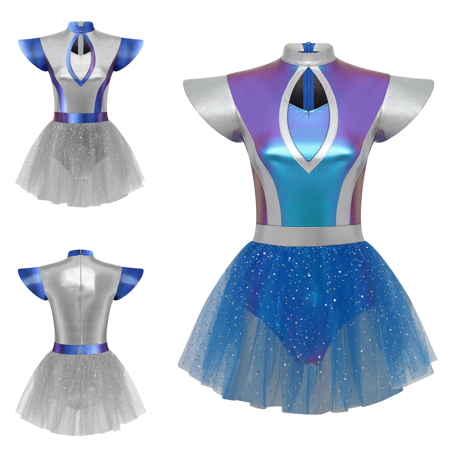 

Women's Alien Costume Space Girl Dress with Tulle Skirts Metallic Tutu Dress Space Astronaut Costume Halloween Carnival Party