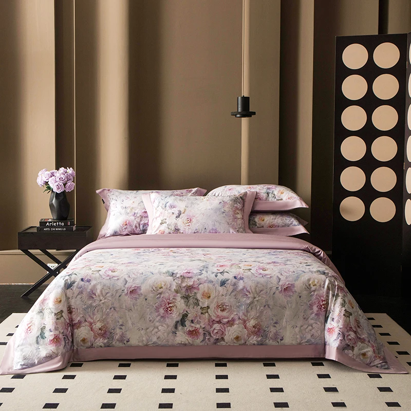 600TC Egyptian Cotton Flowers Print Luxury Bedding Set Queen King Size Soft Duvet Cover Flat/Fitted Bed Sheet Pillowcases 4Pcs