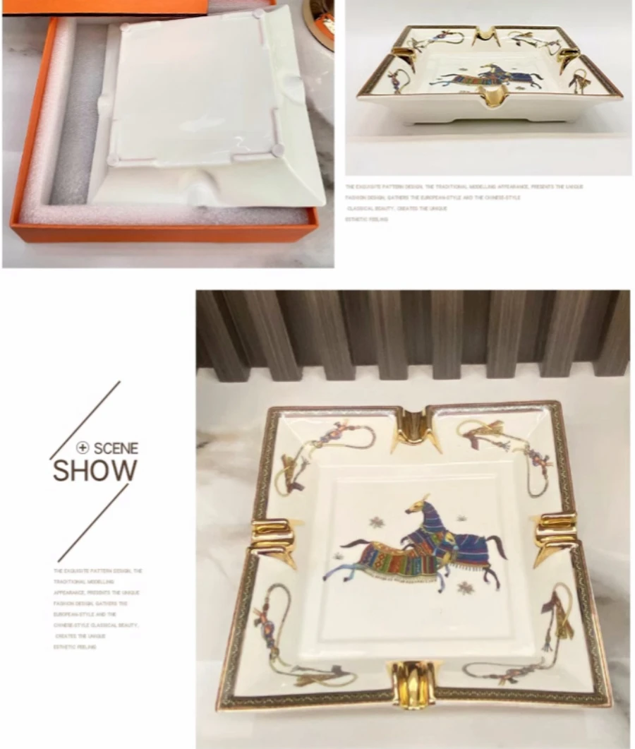 Luxury Ceramic Cigar Ashtray With Gift Box Package Warhorse Pattern Ash Holder Cigarette Holders 2/4 Grooves Available