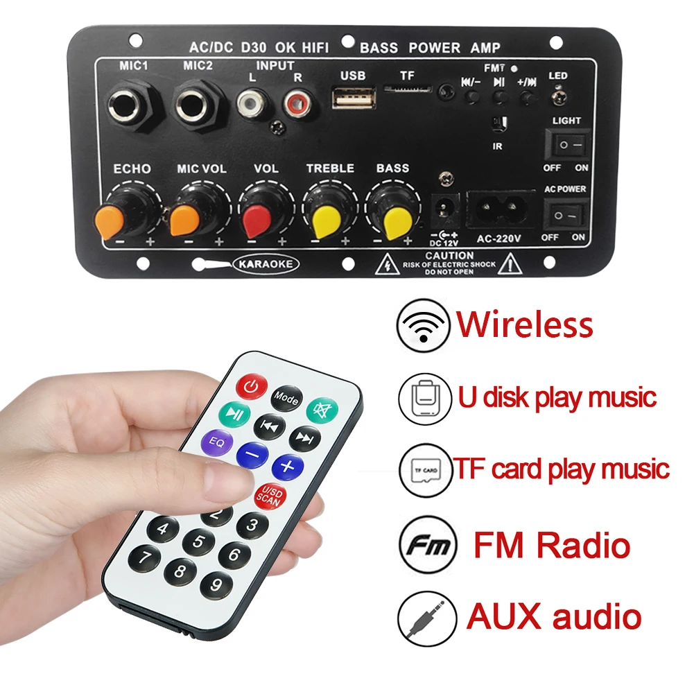 Módulo de rádio sem fio, microfone duplo, compatível com Bluetooth, amplificador de som estéreo, poderoso amplificador de áudio, 12V, 220V