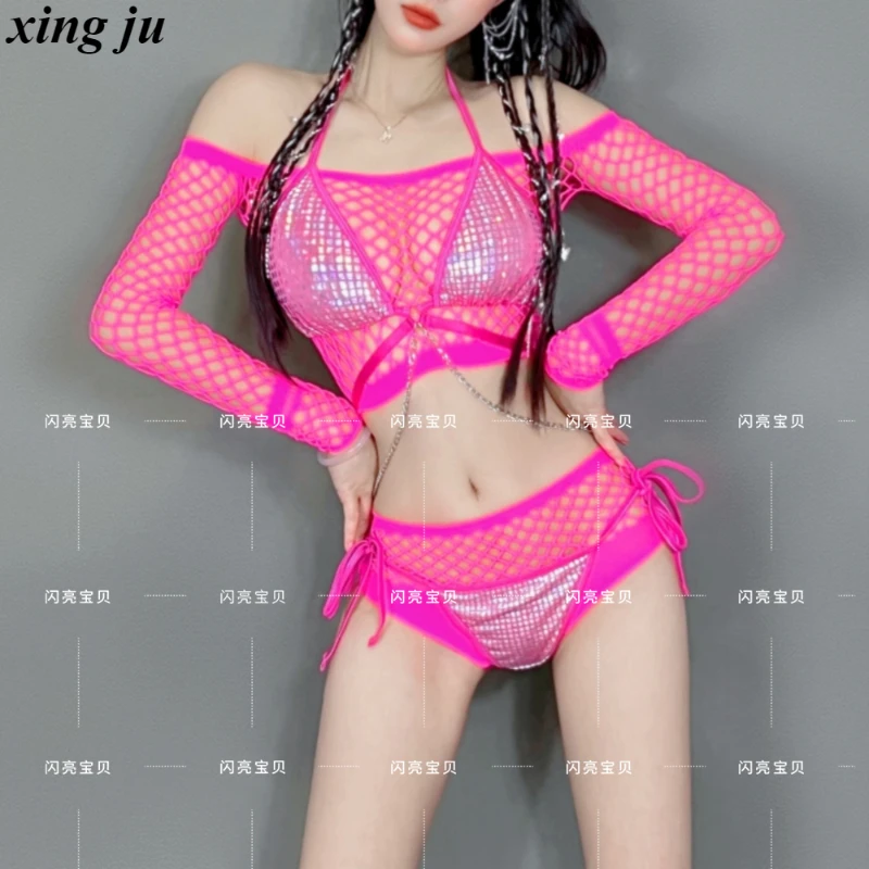 Nachtclub DJ Sexy Rosa Durchsichtige Hollow Out Tops Enge Schnürshorts Damen Festival Kleidung Bühnenkostüm Pole Dance Outfits