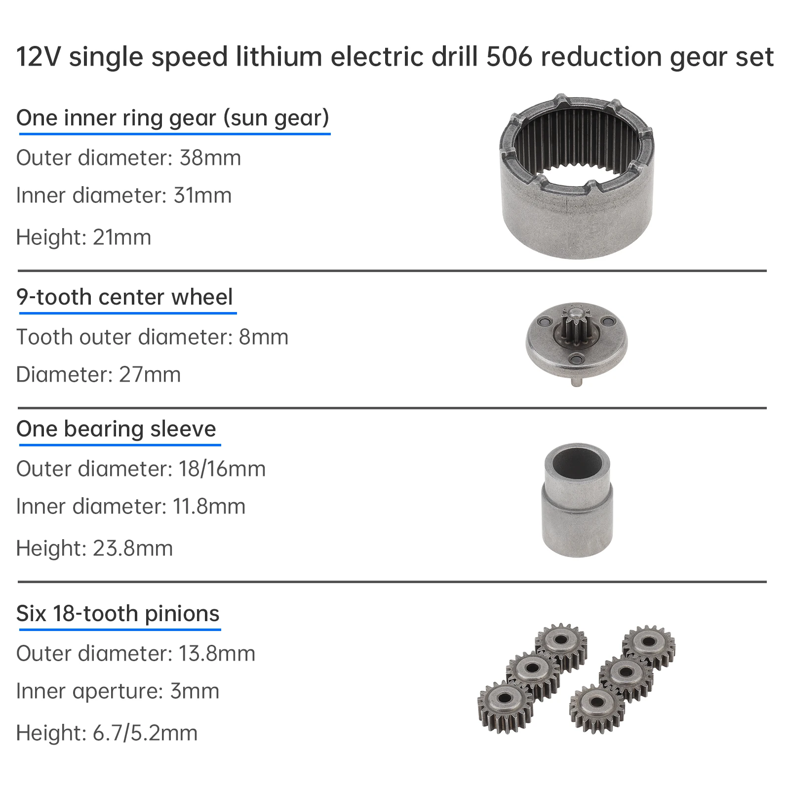 Motor Gears 18 Teeth Charging Drill 506 Single Speed Gear Set Planetary Gear Set Reduction Gear Accessories