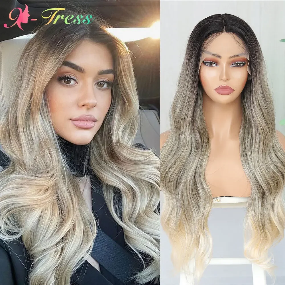 X-TRESS Long Wave Synthetic Lace Front Wigs with Baby Hair 26 Inch Body Wavy Dark Roots Ash Grey Blonde Hair Wig for Black Women