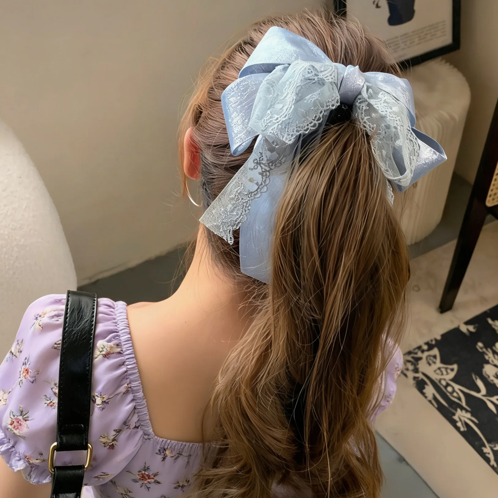 Lace Fabric Bow Vertical Hair Clips Korean Elegant Double Layer Design Banana Claw for Women Back of Head Ponytail Daily