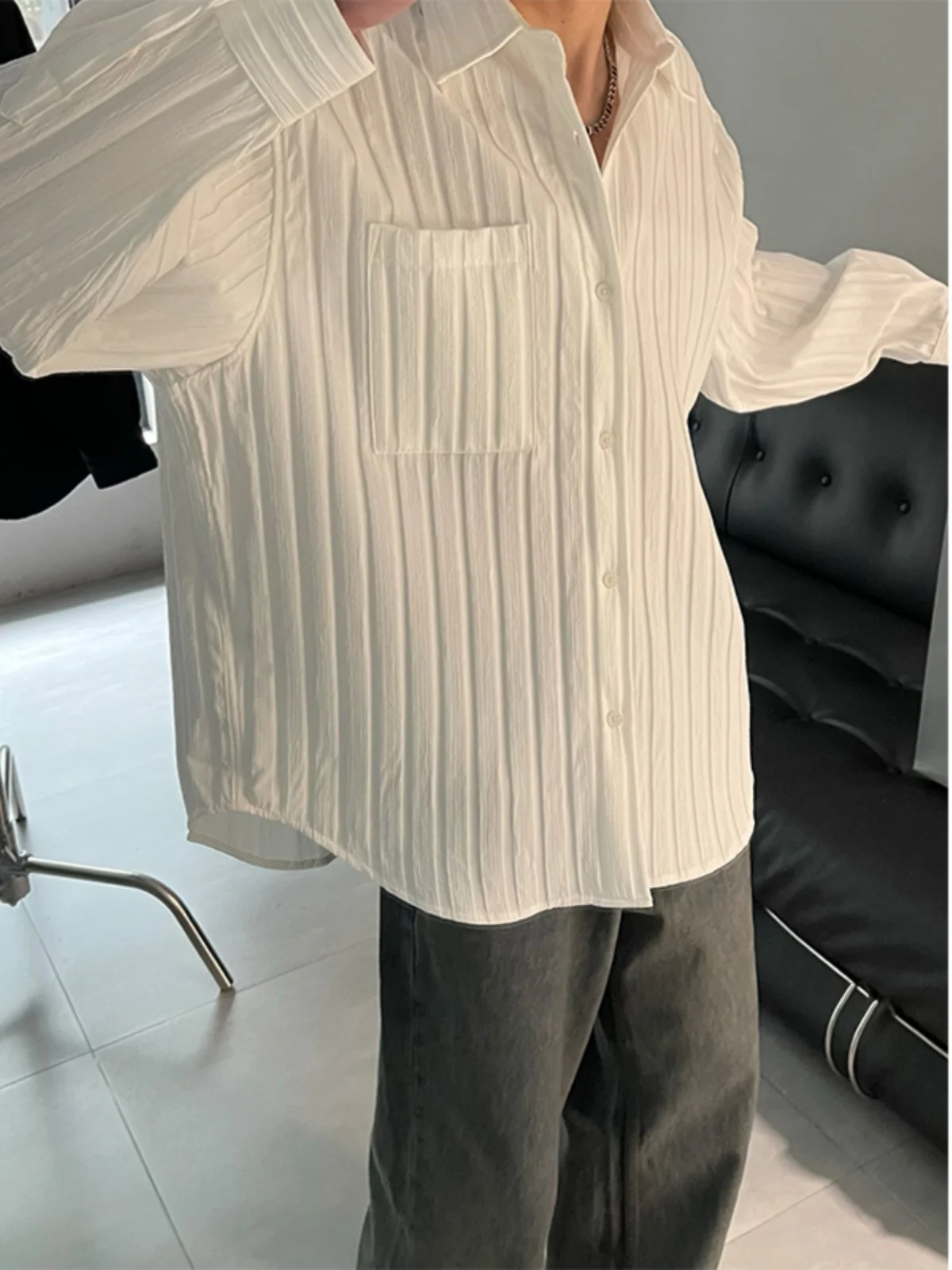 

Loose Long Sve Men's irt Autumn Lazy Sle Striped Outerwear Trendy Casual Faion Classic Pointed Collar Other Scenes