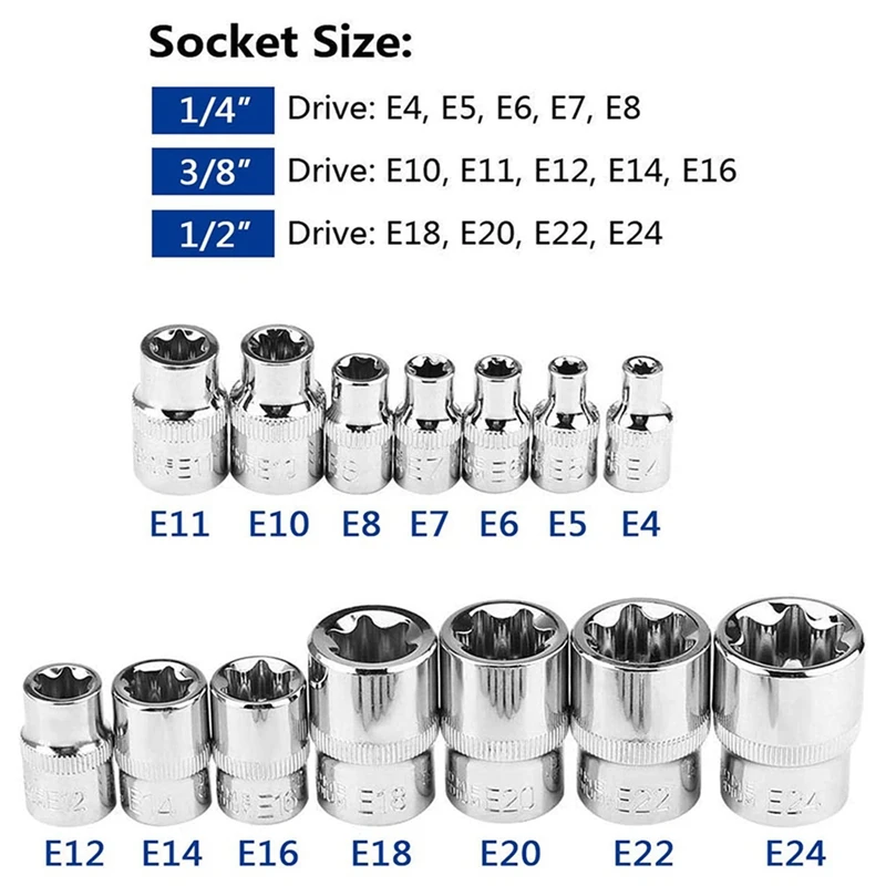 Torx Socket Parts Tamper Proof Torx Star Bit Torque Female E-Socket Set E4-E24 1/4 Inch 3/8 Inch 1/2 Inch Drive 14Pcs