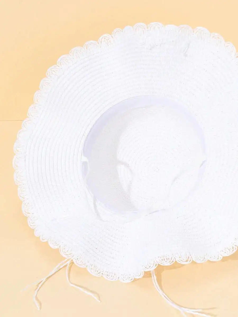 

White Wide Brim Straw Sun Hat With Scallop Edge For Beach Vacation Travel