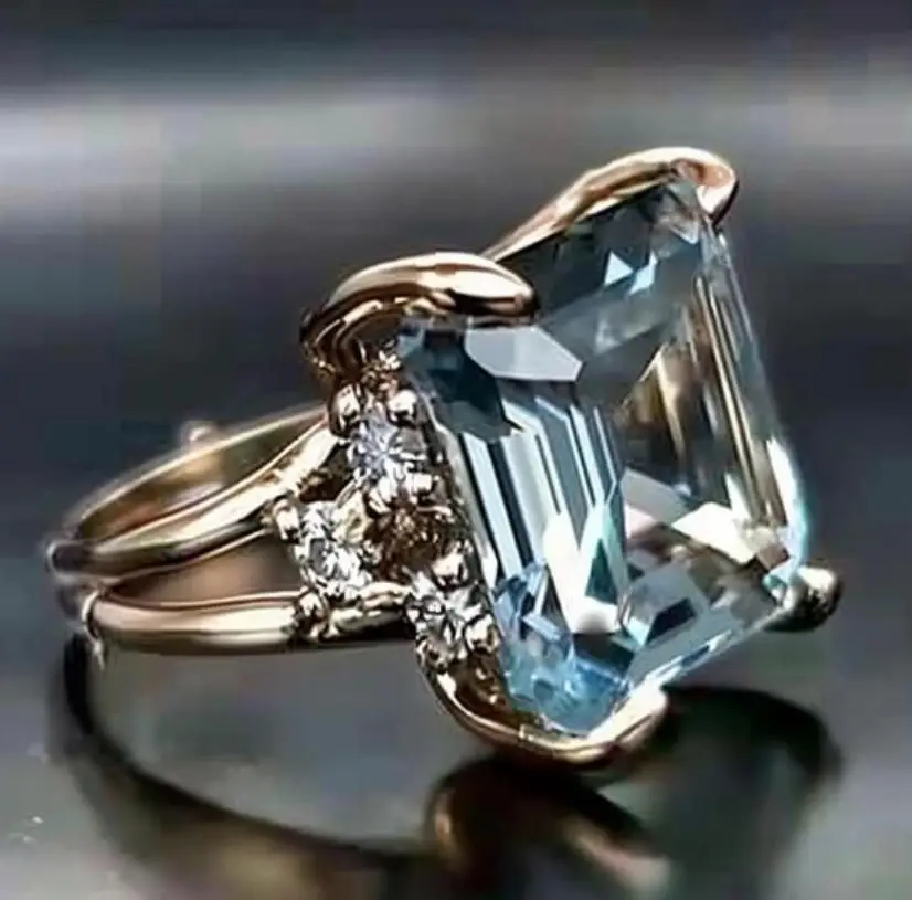 KSRA Fashion Gold Color Inlay Blue Color Square Stone Rhinestone Geometric Rings For Women Party Jewelry 2024 New