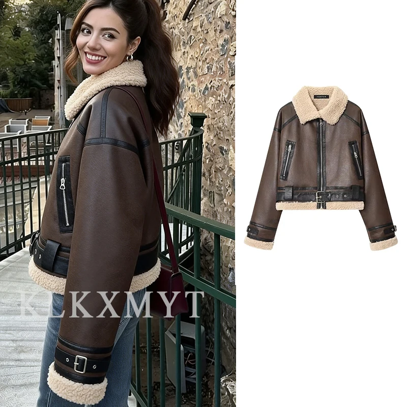 

Women's leather Jacket 2025 Women High Street Long Sleeve Zipper Lamb Wool Lining Jackets Short Coats Lady Autumn New Outerwears