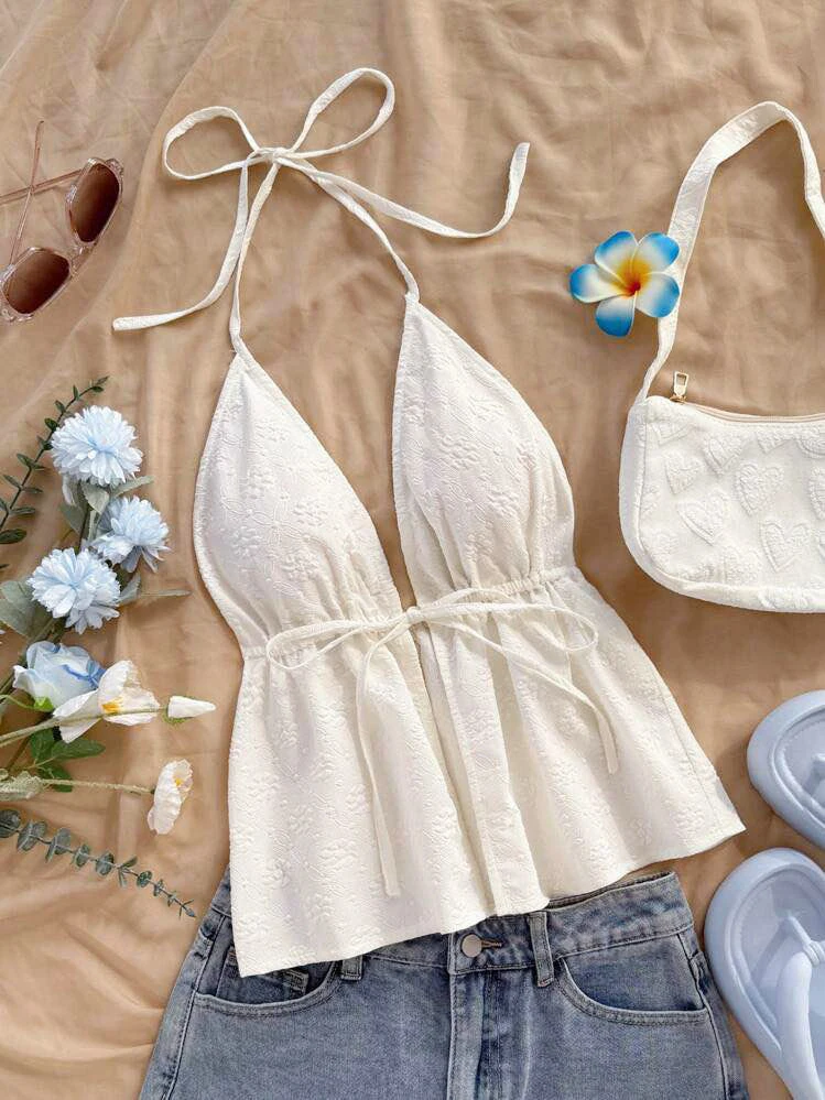 Women's White Jacquard Halter Cami Top, Tie Open Back Design & High Slit