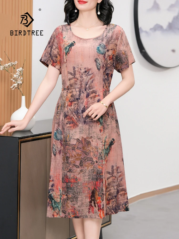 

BirdTree, 100%Real Silk Retro Dresses, Women Short Sleeve Loose Waist Printed, Temperament Large Dress, 2024 Summer New D44419QC