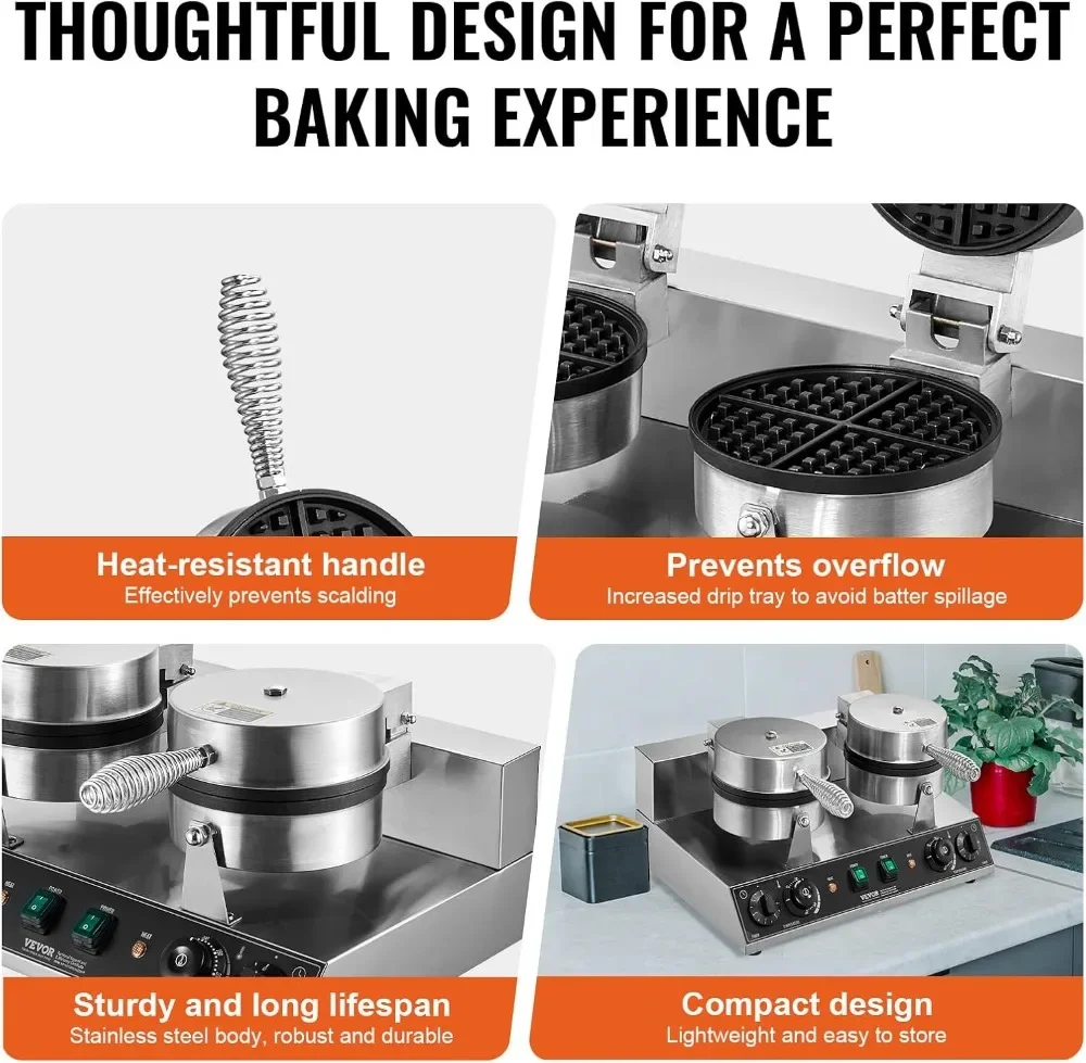 

Latest Commercial Dual-Head Waffle Maker, 2460W Non-Stick Belgian Iron with Temp & Time Control for Restaurant