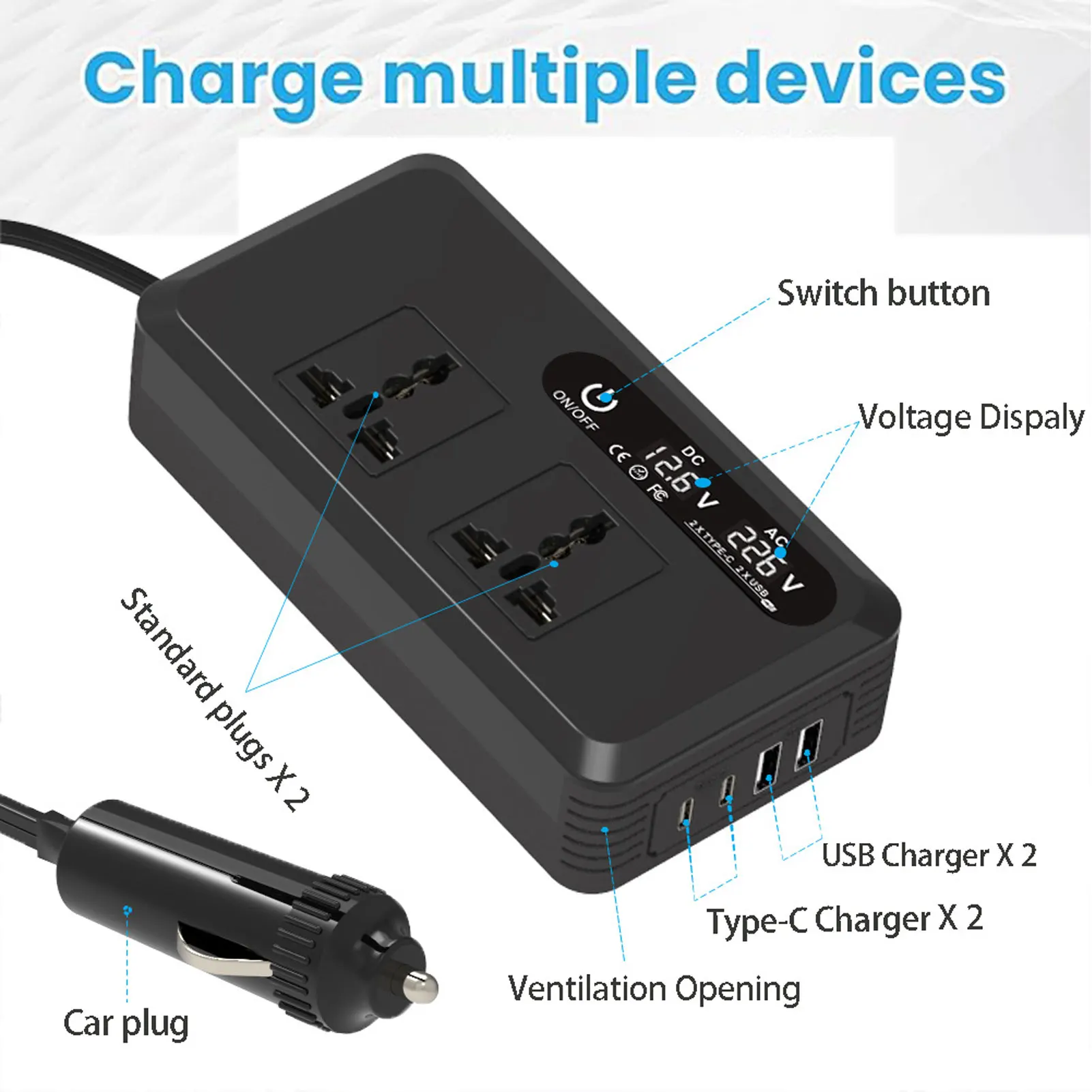 Auto-Wechselrichter, 200 W, Auto-Wechselrichter, Echtzeit-Spannungsanzeige, PD 24 W, QC, 24 W, multifunktional, kompakt, mit Zigarre-Buchse für den täglichen Gebrauch