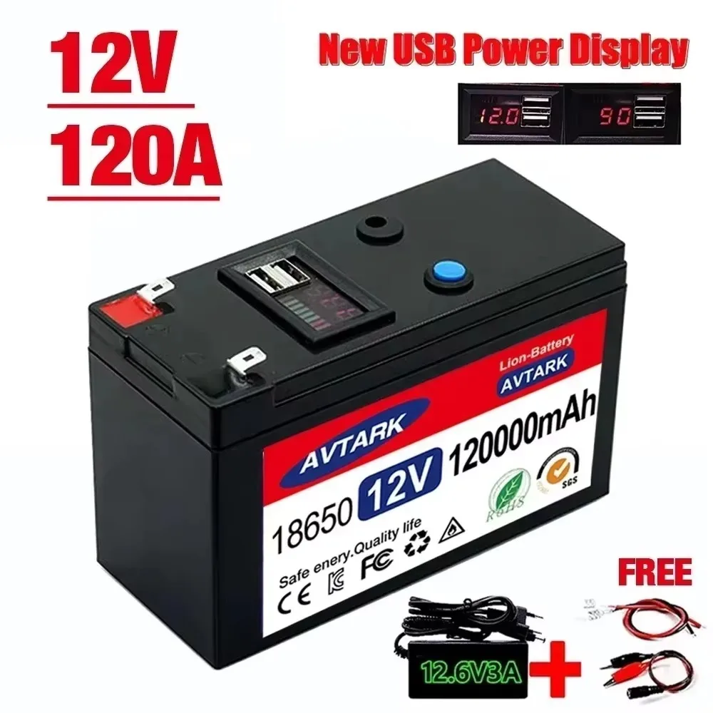 

2025 Upgraded 12V 120000mAh Portable Rechargeable Battery Built-in 5V 2.1A USB Power Display Charging Port with +12.6V Charger