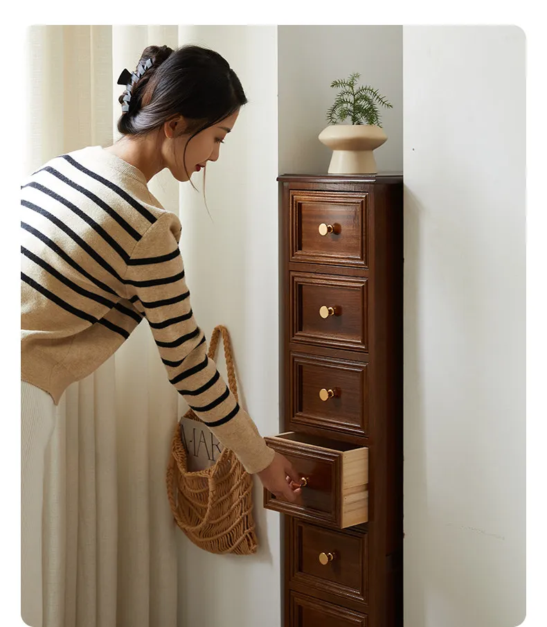 Thickened solid wood retro chest of drawers, crevice cabinet, simple bedside table, drawer type storage cabinet, small 28cm narr