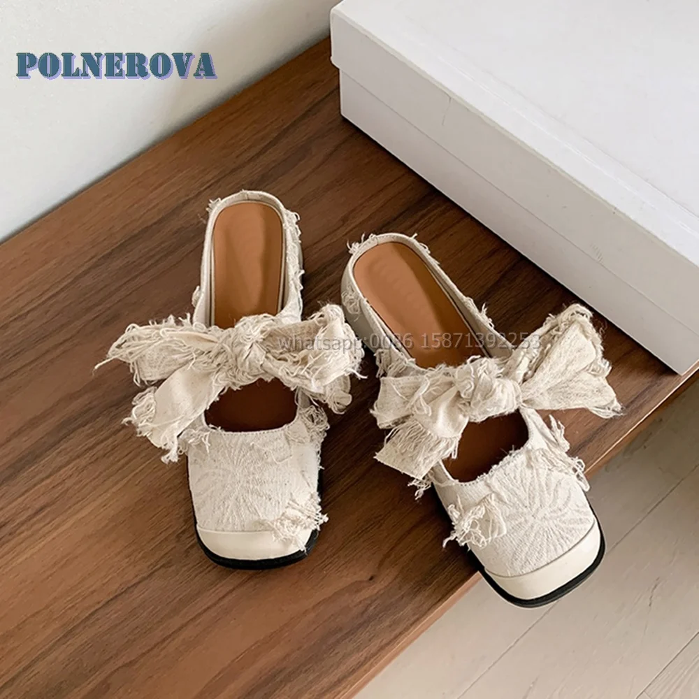 

Bowknot Fringe Embroider Shallow Slides Square Toe Chunky Heels Solid Slip On Women Pumps Patchwork Sweet Nifty Shoes 2024 Trend