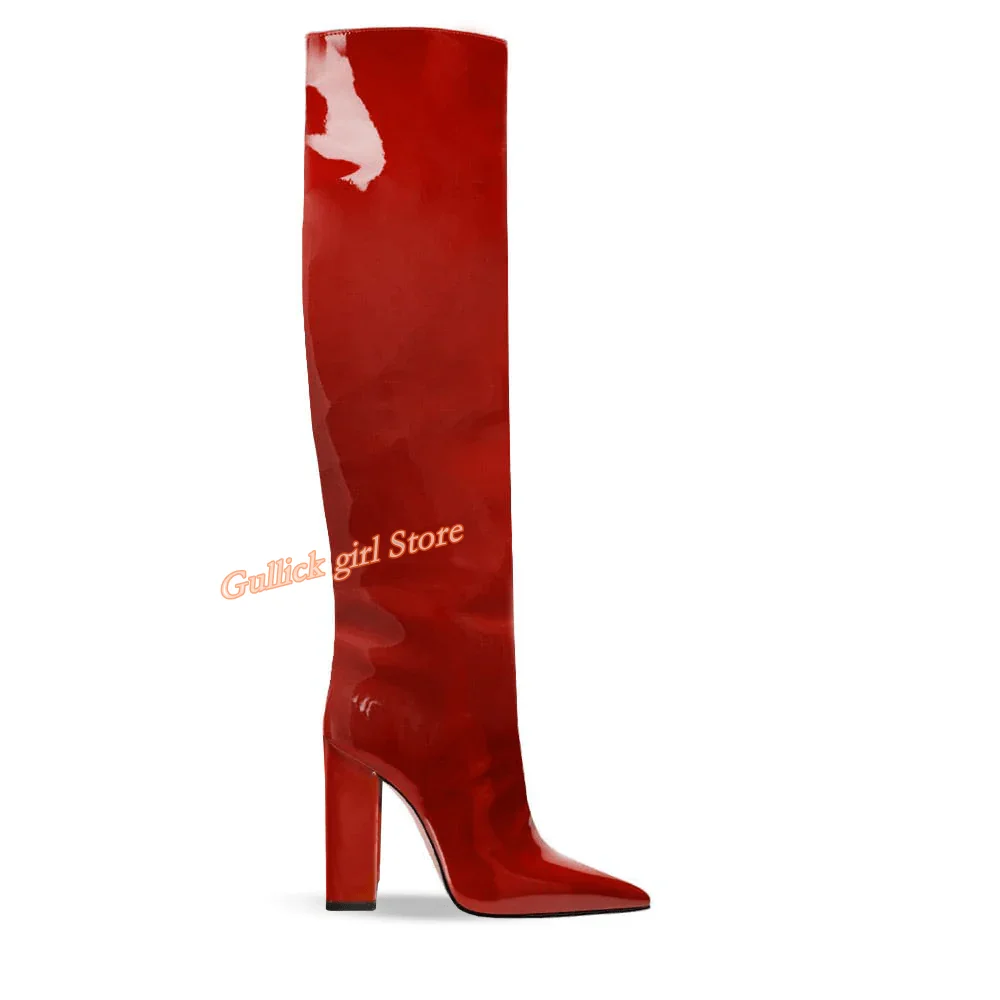 

Patent Leather Knee High Boots Block High Heel Sexy Pointy Toe Zipper Solid Red Apricot Chunky Heel Women Dress Shoes