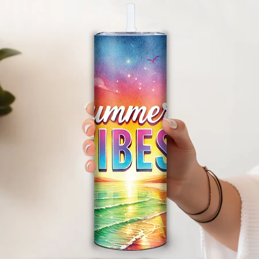 20oz Hot Cold Water Tumbler Insulated Travel Mugs Straw Lid 1Pc Print Summer Vibes Seaside Sunset Beach Outdoor Travel Cups