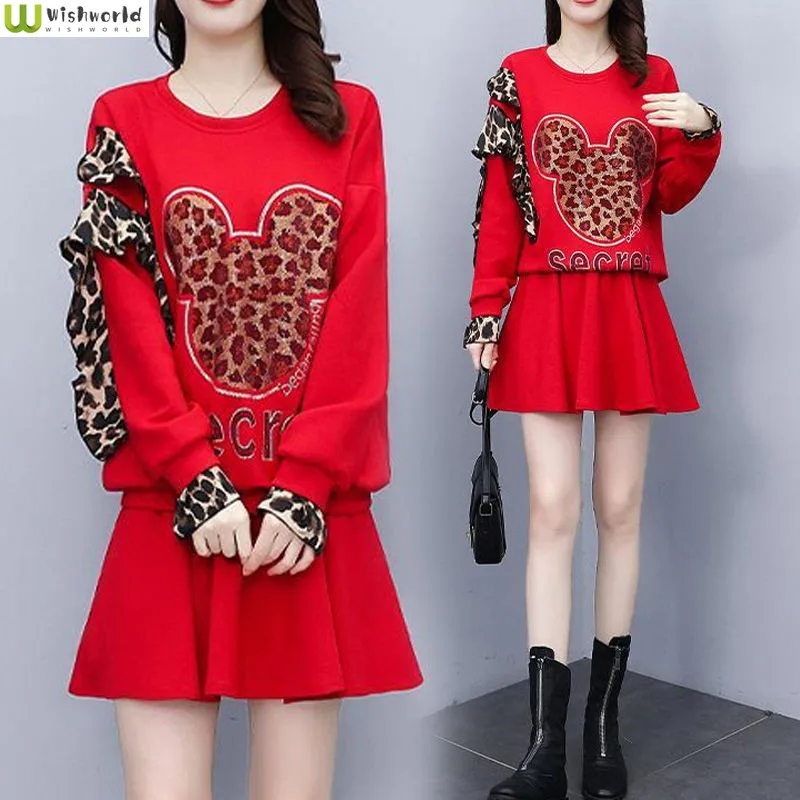 

Korean Fashion Casual Suit Women's Autumn and Winter 2022 New Leopard Print Top High Waist A-line Skirt Two-piece Set