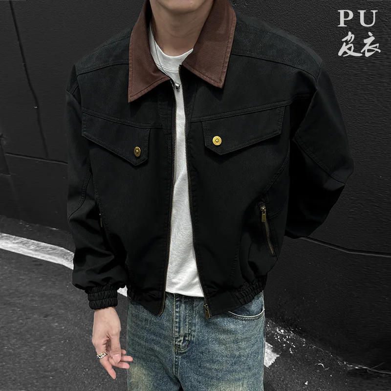 

PU Jacket men 2025 autumn winter new faux leather men jacket contrast collar design short motorcycle windproof fashion trendy