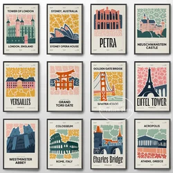 Modern Cartoon London Coliseum Acropolis Athens Greece Poster Canvas Painting Wall Pictures for Living Room Home Decor Gifts