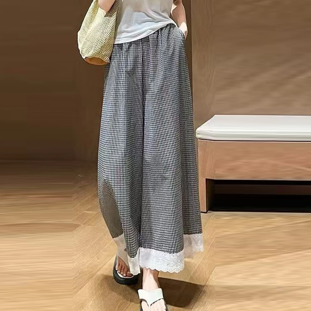 Fashion drape plaid lace splicing wide-leg pants women's summer 2025 new high-waisted loose drape casual pants