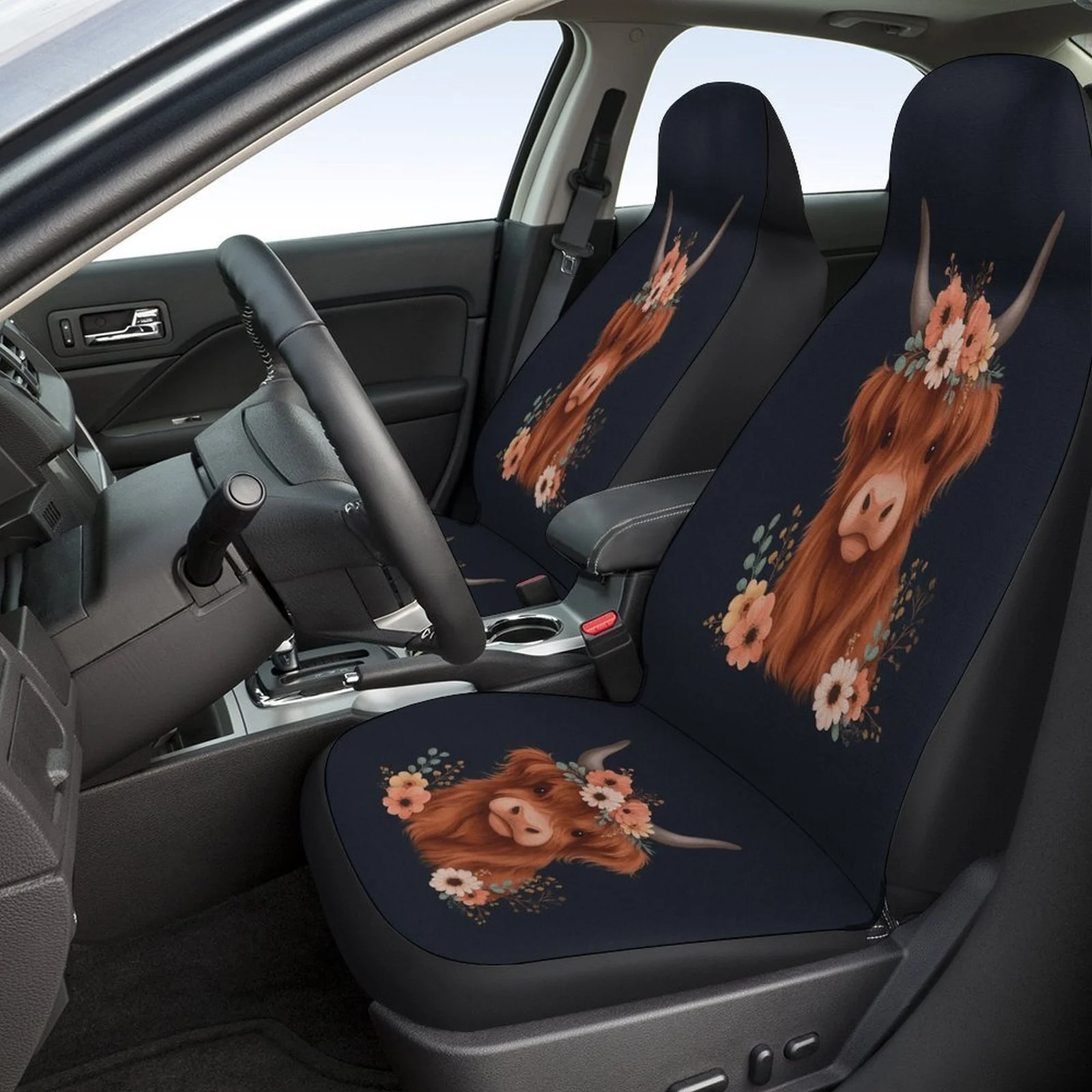 Floral Cow Portrait Car Seat Cover Set - High-Quality Polyester, Fit For Most Cars, Includes 2 Front & Rear Seat Covers, All-Sea