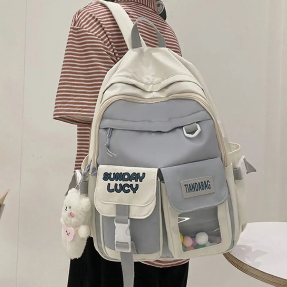 Trendy Nylon Large Capacity Backpack Double Zipper Commute Korean Style School Bag Canvas with Bear Pendant Casual Knapsack Kids