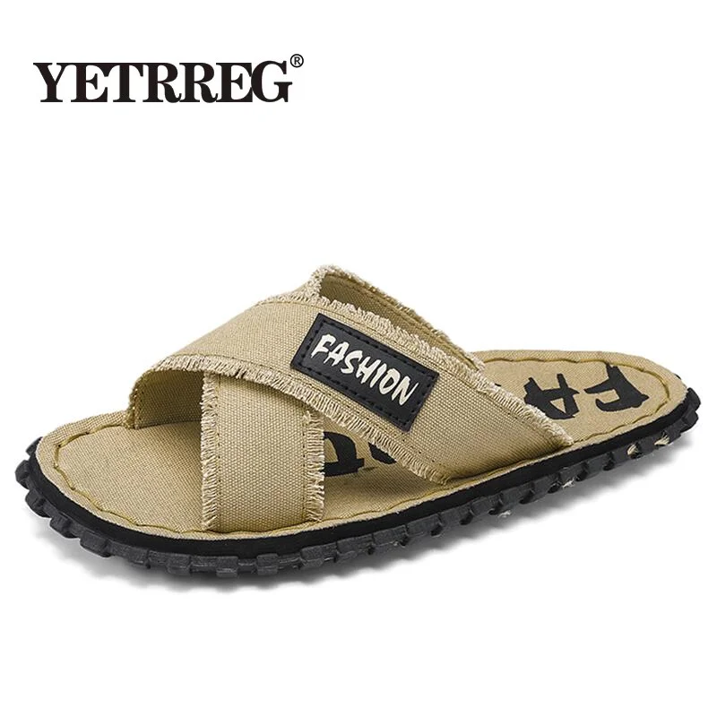 Men Summer Canvas Slippers Fashion Fabric Home Men's Slippers Outdoor Rubber Flat Men Sandals Casual Slides House Floor Slippers