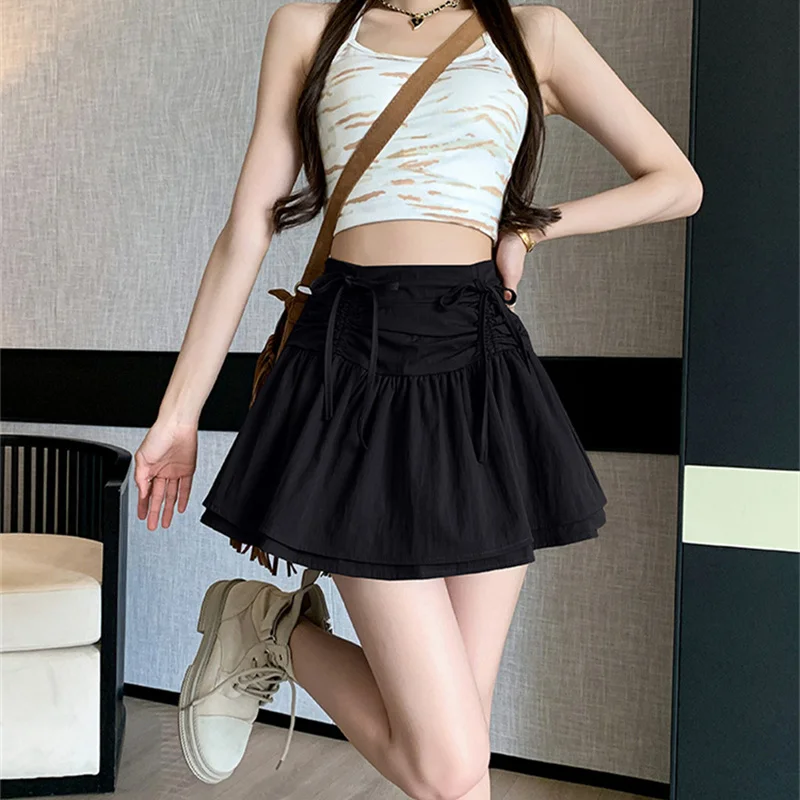 

Streetwear Summer Women Bow Pleated Skirt High-waisted Short Skirts Girl Sweet White Black Lace-up A-line Skirts Have Lining