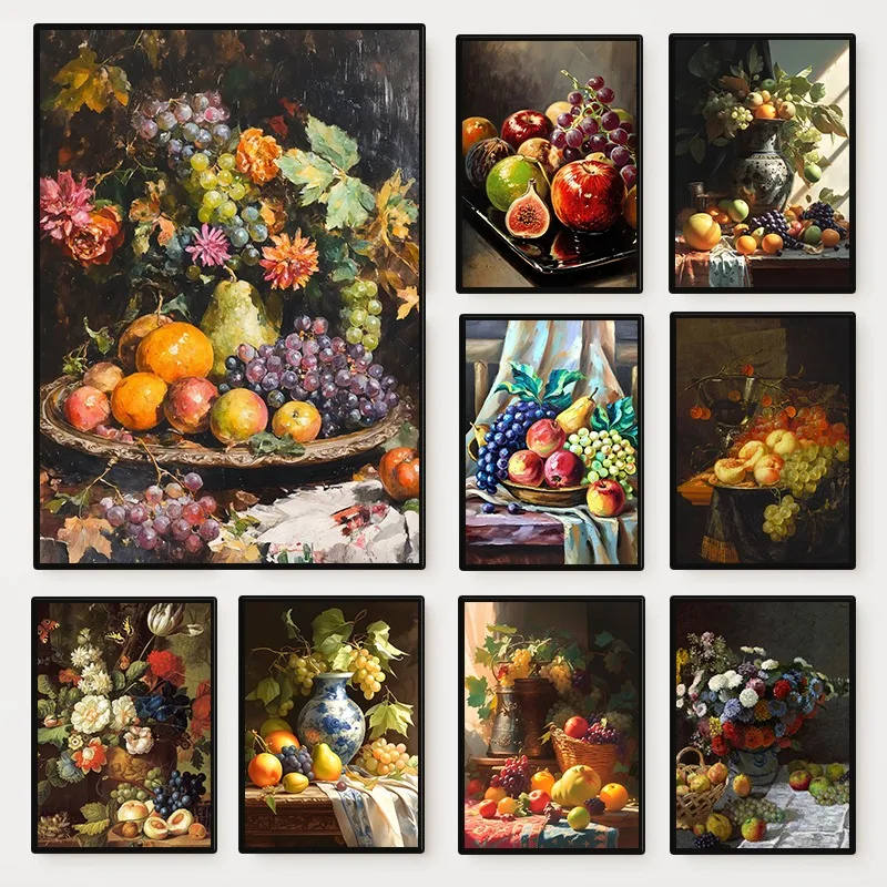Vintage Still Life with Flowers and Fruit Poster Print Variety of Fruits Canvas Painting Wall Art Picture Living Room Home Decor