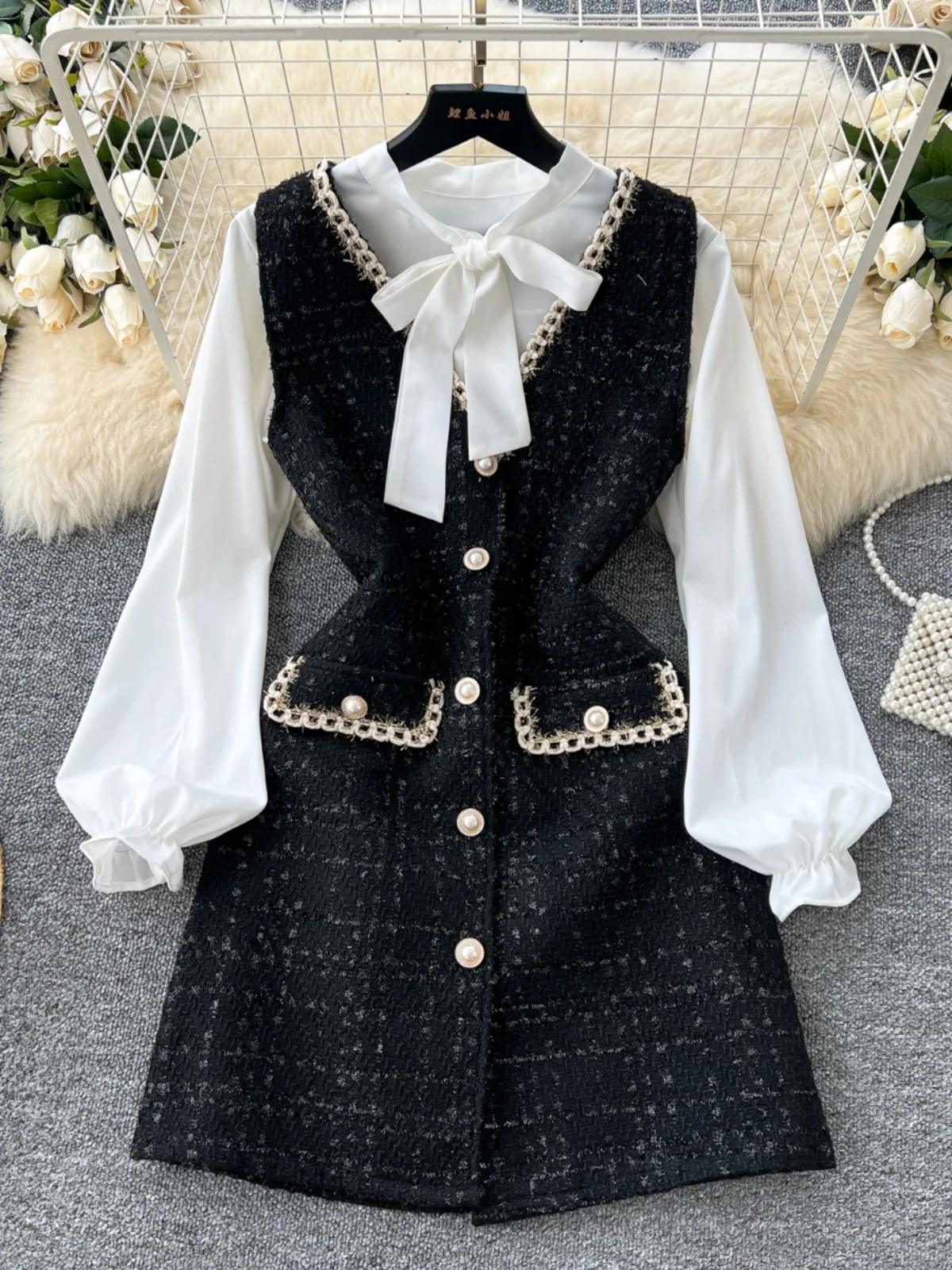 طقم نسائي مكون من قطعتين من Sweet Sle للخريف والشتاء طويل Sve irt No Sve Thiened من الصوف Dr تنورة عالية الخصر على شكل حرف a #2