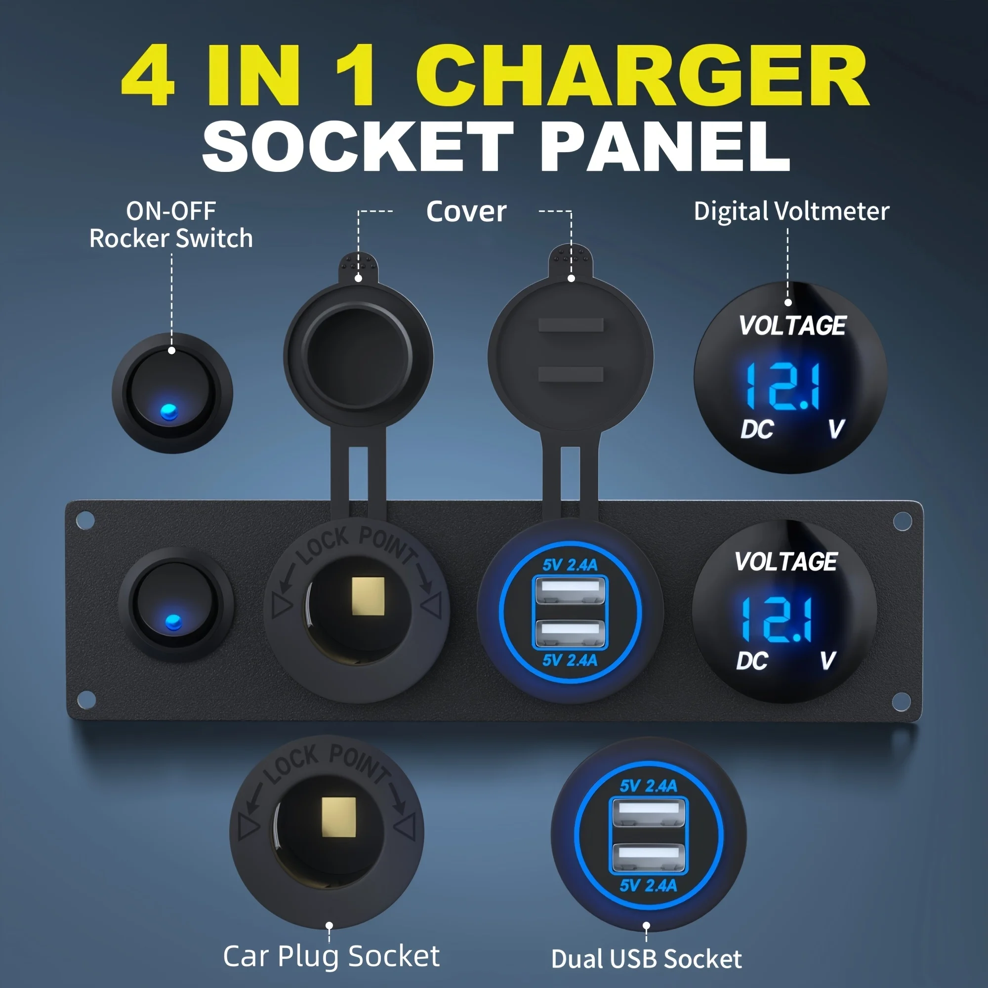 4-in-1 Aluminum Panel Charger Socket | 4.8A Dual USB Socket, LED Voltmeter, Car Plug Lighter Socket for Car RVs