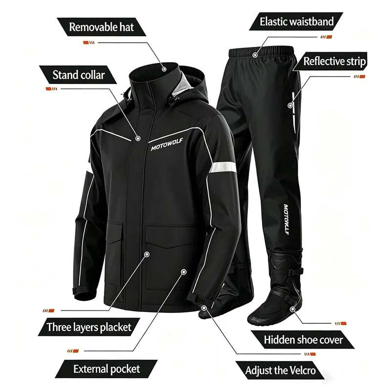 Motowolf Split Type Motorcycle Rain Suit Unisex Waterproof Hooded Raincoat Rain Pants Set For Urban Scooter Daily Commute Items