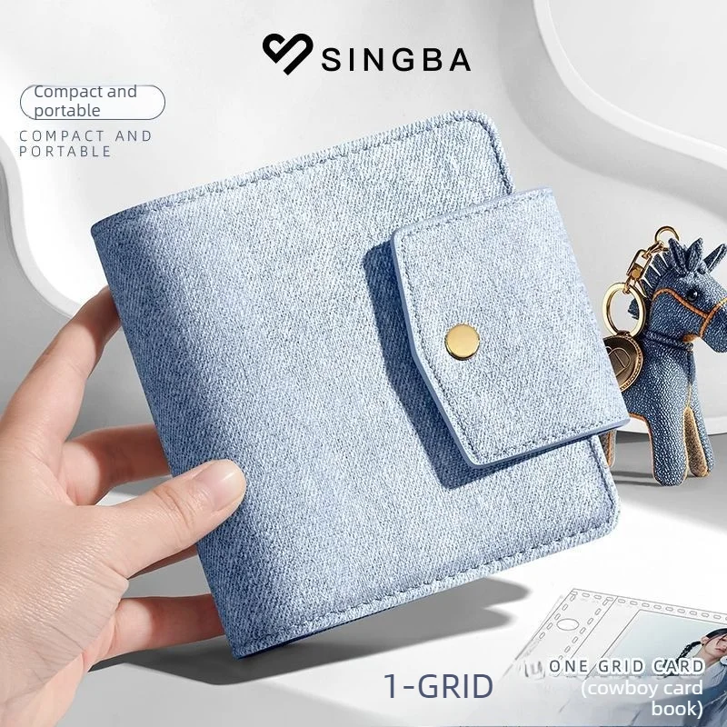 SINGBA Mini Denim Snap Button 1-Pocket 3-Ring Binder Card Album, PU Leather Binder for 3