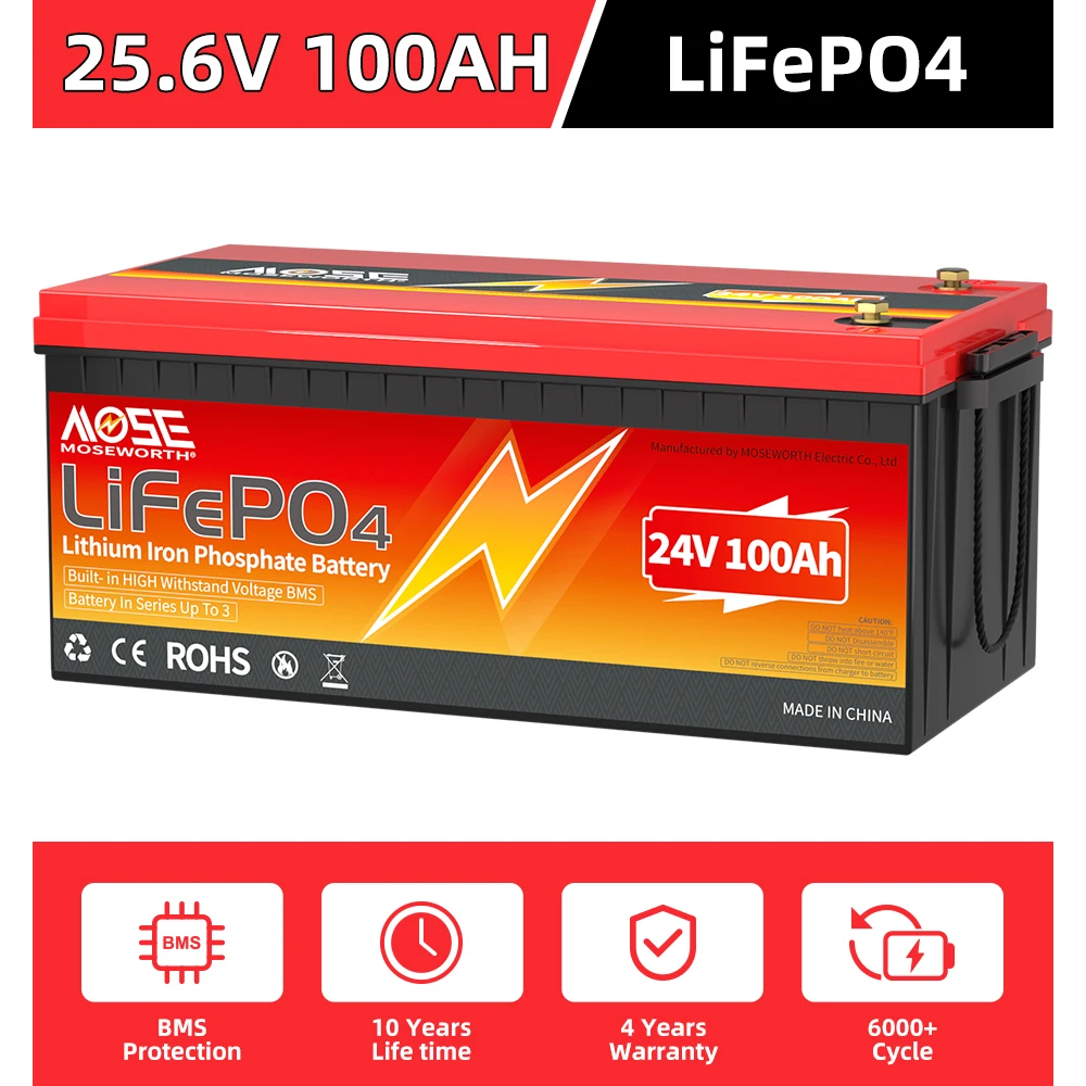 24V 100Ah LiFePO4 Lithium Battery Builti in BMS Rechargeable Batteries Iron Phosphate Bateria Deep Cycle for RV Solar Marine