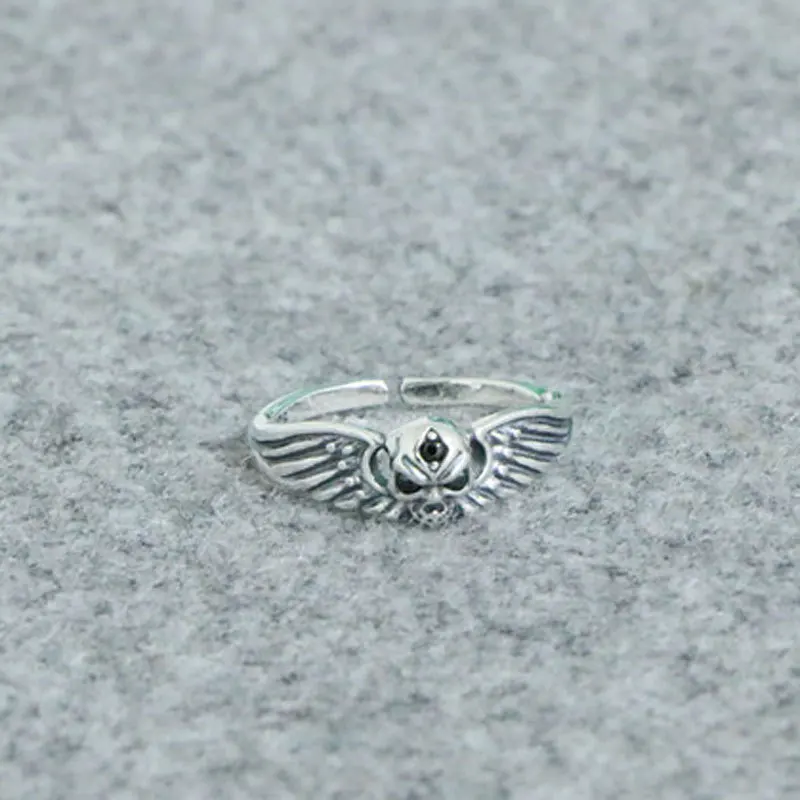 S925 Sterling Silver Euramerican Punk Skull Head Ring Vintage Thai Silver Personalized Exaggerated Tail Ring for Men and Women